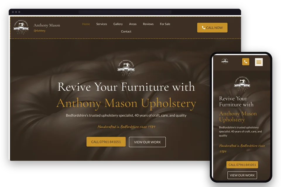 Anthony Mason Upholstery's website on a laptop and a phone