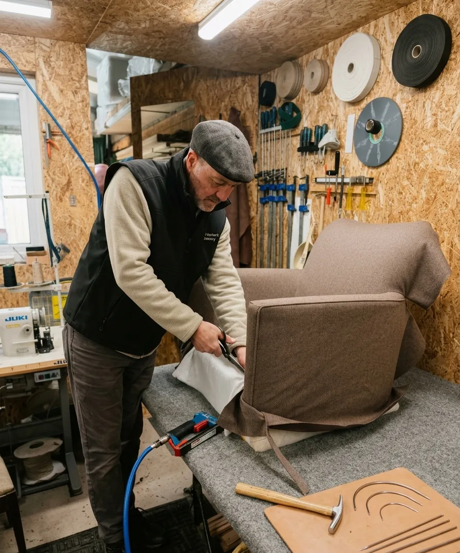 Tony reupholstering a chair in his workshop