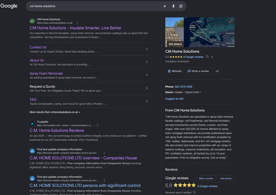 Google results for CM Home Solutions showing its website and business profile