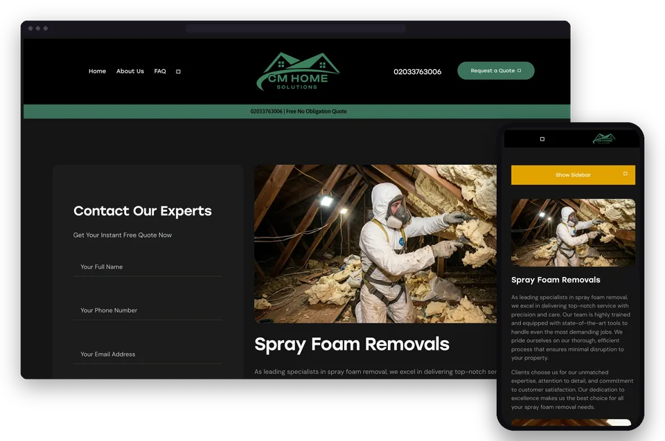 CM Home Solutions' spray foam removal page on a laptop and a phone
