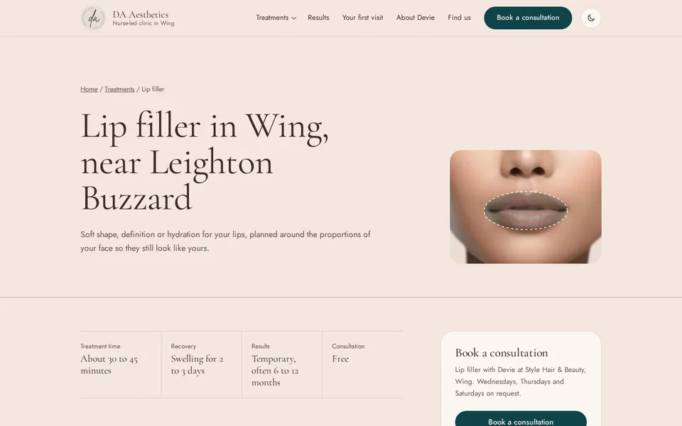 The lip filler page on the new DA Aesthetics website