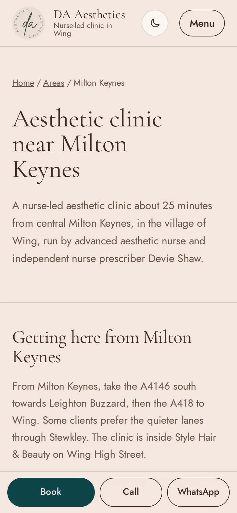 The Milton Keynes page of the DA Aesthetics website on a phone