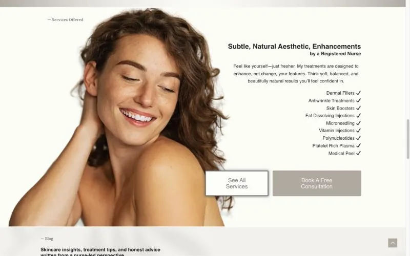 The old DA Aesthetics site listing its treatments as a ticked list