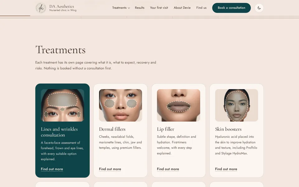 The treatments section of the new DA Aesthetics website