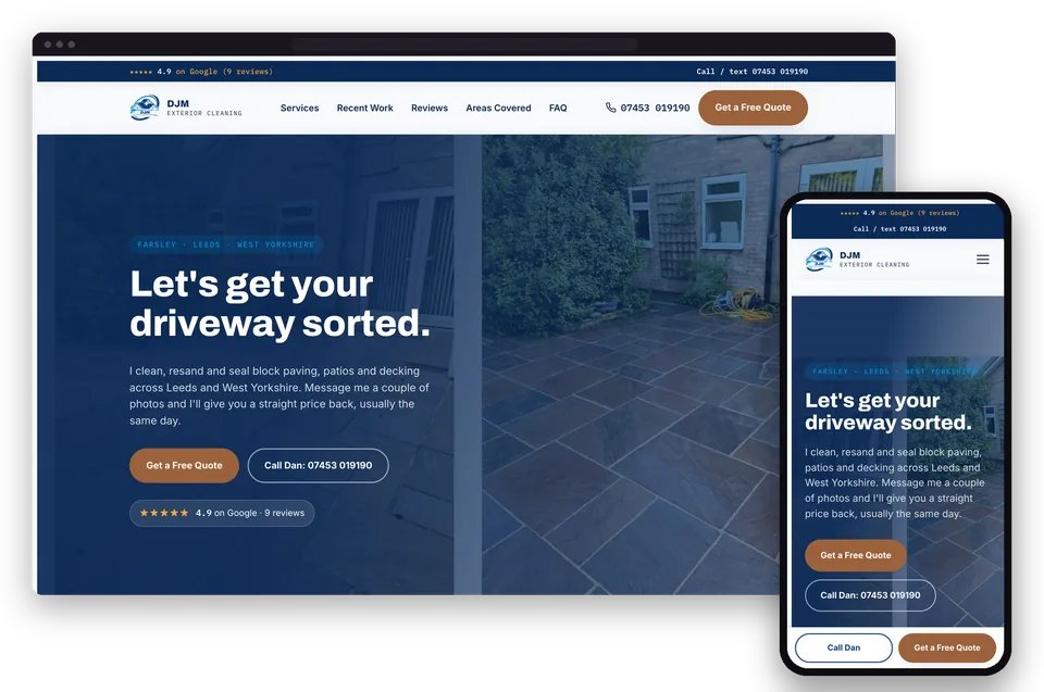 DJM Exterior Cleaning's website on a laptop and a phone