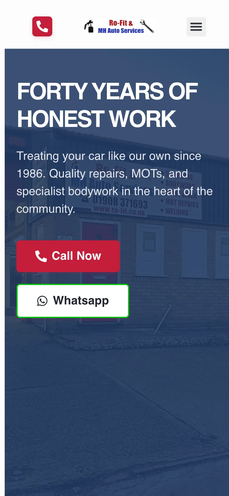 The new MH Auto Services homepage on a phone