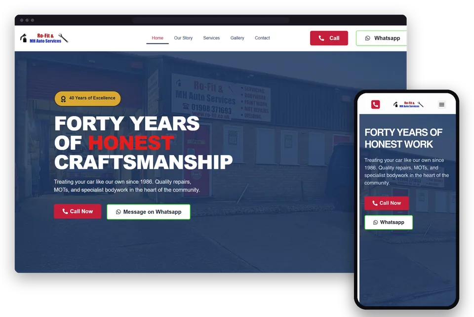 MH Auto Services' website on a laptop and a phone