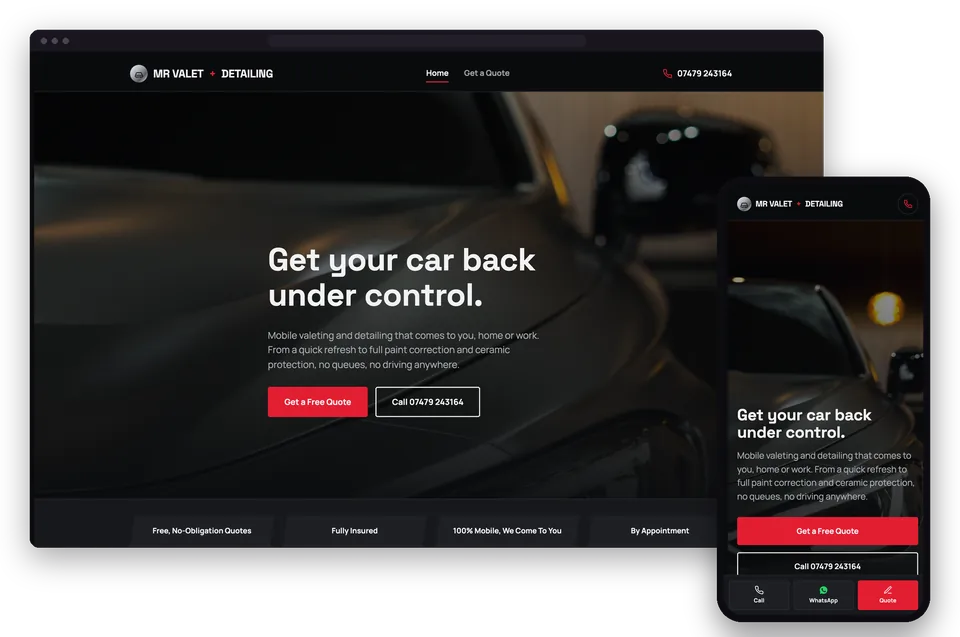 Mr Valet + Detailing's website on a laptop and a phone