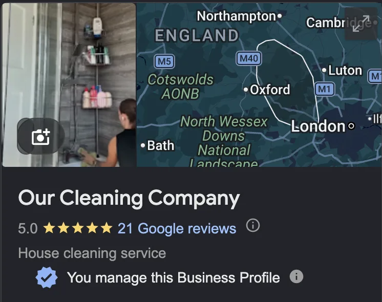 Our Cleaning Company's Google Business Profile with 21 five-star reviews