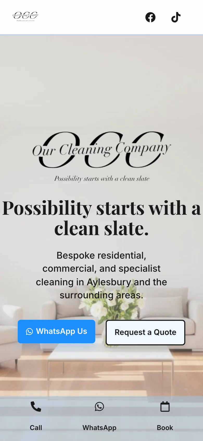 Our Cleaning Company's homepage on a phone