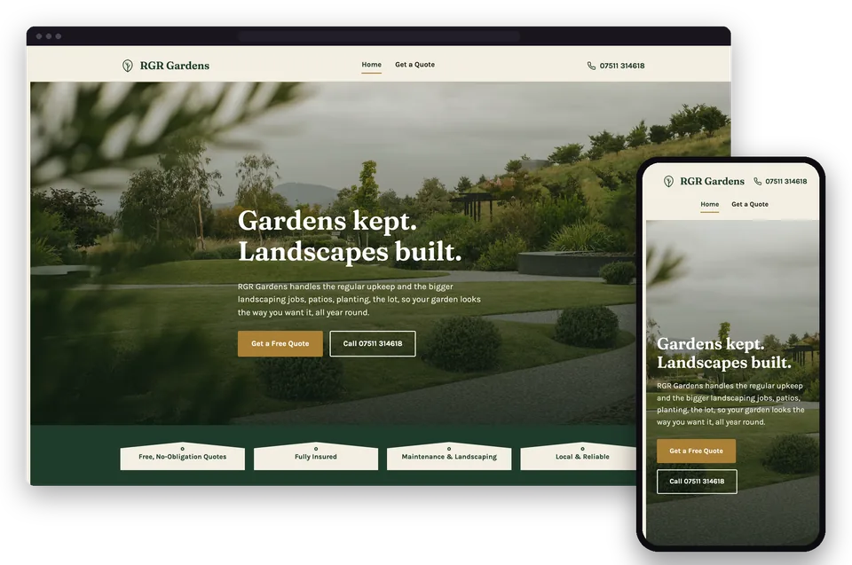 RGR Gardens' website on a laptop and a phone